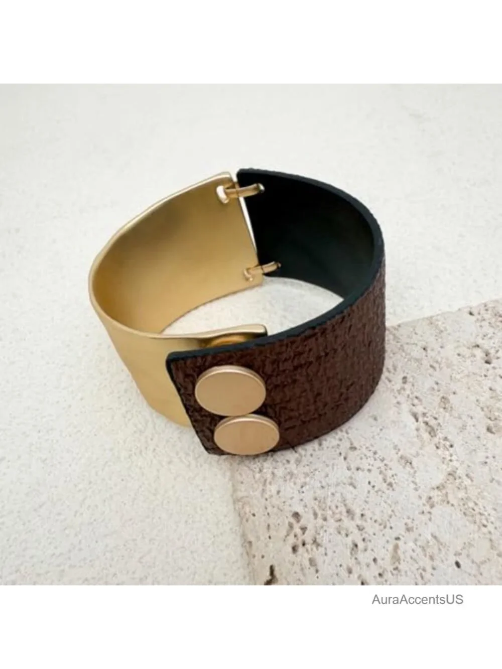 Chunky Leather Wrap Bracelet for Women with Gold Metal Accent Statement Bangle